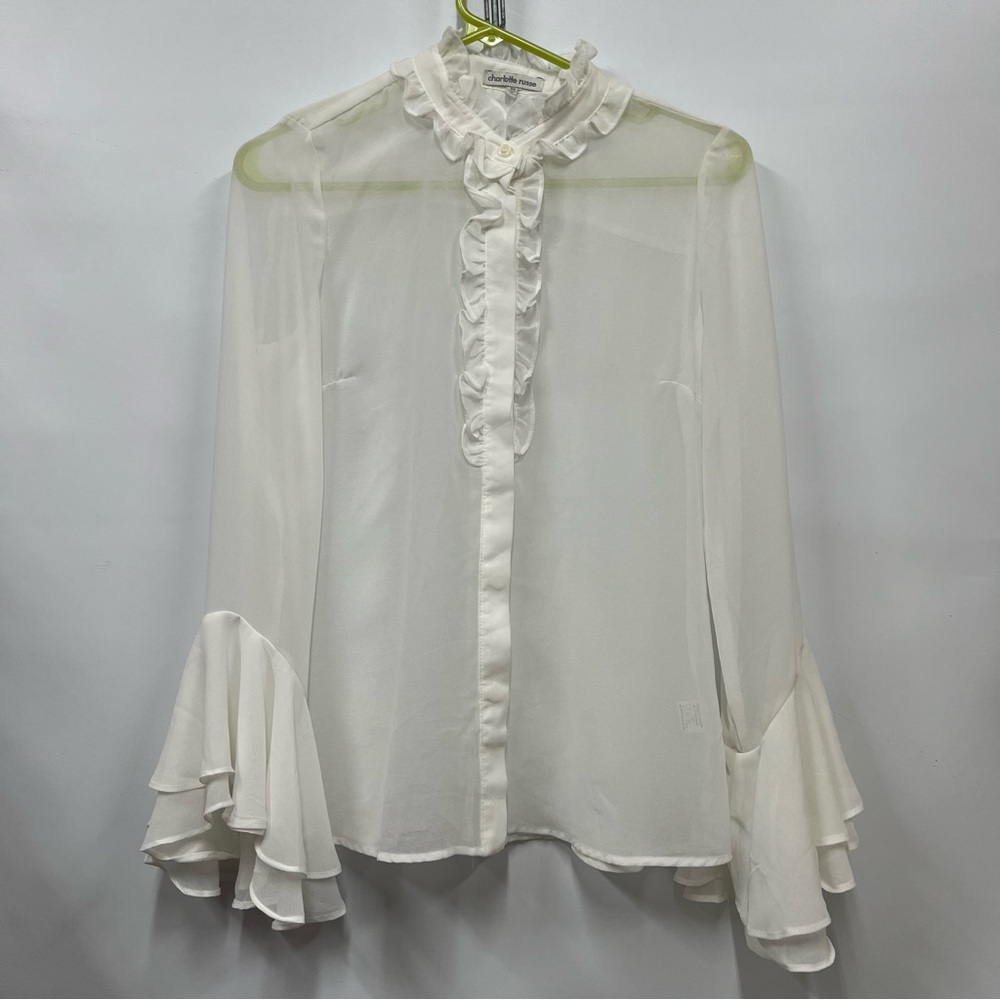 Victorian xs ruffled button down off white sheer ruffle blouse FLAWED
